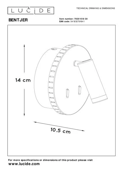 Lucide BENTJER - Bedlamp / Wandlamp - Ø 14 cm - LED - 3000K - Zwart - technisch